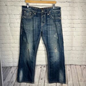 Rock Revival Mens Bootcut Jeans 36 Distressed Blue Contrast Stitch